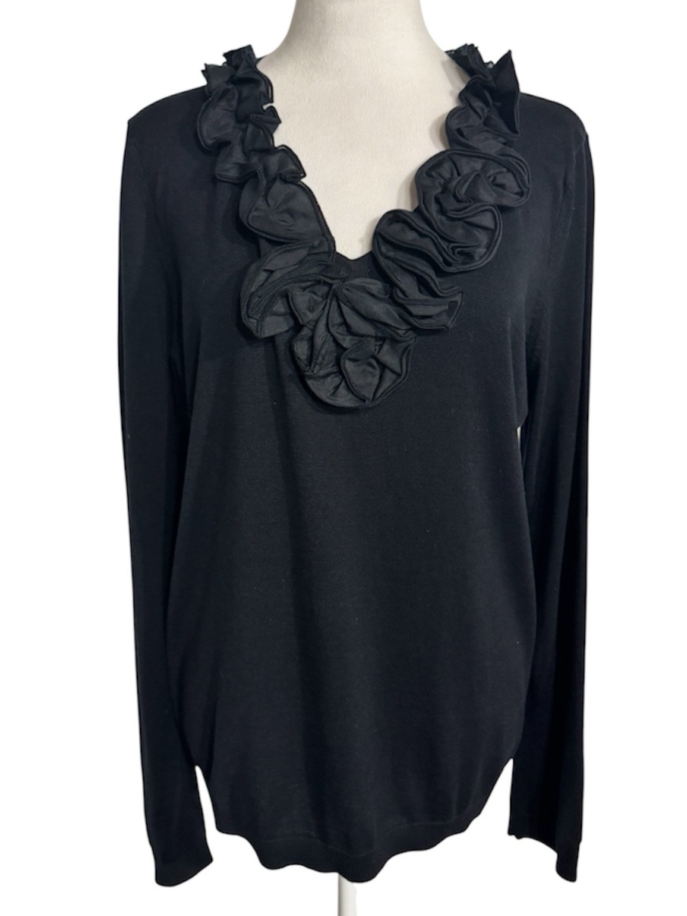 TALBOTS Black Ruffled V-Neck Long Sleeve Top silk cotton size XL